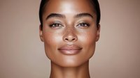 Young African American woman with freckles and natural makeup showing glowing healthy skin on neutral beige background, beauty and skincare concept.