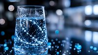 Sparkling mineral water with ice cubes in elegant glass against dark background with blue bokeh lights creating luxurious atmosphere for beverage photography.