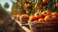 Fresh ripe persimmons in wicker baskets at harvest time in orchard, warm sunset light creating natural organic food scene.