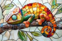 Colorful chameleon in stained glass style with vibrant orange, green and blue tones sitting on branch among leaves, mosaic artwork pattern for decoration.