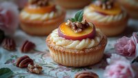 Gourmet cupcakes with cream frosting, peach slices, walnuts and mint garnish arranged on floral surface for bakery, dessert and food styling projects.