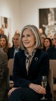 Confident mature businesswoman with silver hair in dark suit attending corporate event or conference with champagne glass and audience in background.