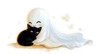Playful ghost character hugging black cat on white background, cute spooky illustration with kawaii style design elements for Halloween season decorations and greeting cards.