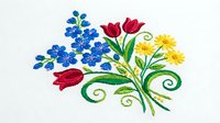 Colorful embroidered bouquet with blue forget-me-nots, red tulips, and yellow flowers on white background, isolated design element for textile and craft projects.