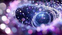 Cosmic abstract background with glowing purple and blue energy waves, sparkles and bokeh lights creating mystical space atmosphere. Suitable for science designs.