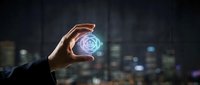 Businessman hand holding glowing digital sphere with futuristic holographic interface against blurred city lights background for technology presentations.