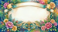 Watercolor floral frame with golden ribbon banner, colorful roses and leaves, ornate decorative border with copy space for text or greeting cards.