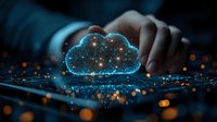 Glowing digital cloud hologram with sparkles and bokeh effects on dark background, hand reaching towards futuristic technology visualization.