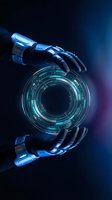 Robotic hands holding glowing circular holographic interface with digital technology elements on dark background for futuristic innovation concepts.