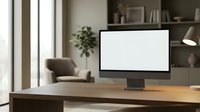 Modern workspace with blank computer monitor on wooden desk in contemporary home office interior with natural lighting and minimalist decor.