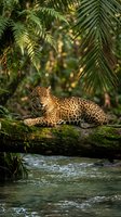 Jaguar resting on fallen log over stream in lush tropical rainforest with ferns and palm fronds creating natural jungle habitat for wildlife photography.