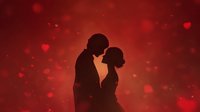 Romantic couple silhouette embracing against red bokeh background with floating hearts for Valentine's Day celebration and love themed designs.