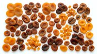 Mixed nuts and dried fruits collection isolated on white background featuring walnuts, almonds, apricots, dates and raisins for healthy snacking.