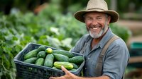 Happy mature Caucasian male farmer with gray beard and straw hat holding crate of fresh cucumbers in organic vegetable garden during harvest season.