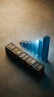 Wooden letter blocks spelling SKILLS next to ascending blue glass bars representing growth and development in professional competencies and expertise.