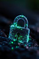 Glowing green padlock with sparkles on dark background represents digital security and data protection concept, surrounded by magical light effects.