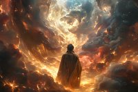 Silhouette of person standing before dramatic stormy sky with swirling orange and blue clouds creating ethereal atmospheric scene. Mystical fantasy concept art.