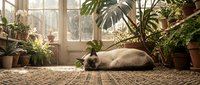 A relaxed dog rests on a textured rug surrounded by potted plants and natural sunlight streaming through large windows in a cozy home interior.