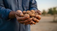 Farmer holding handful of peanuts in shell, displaying harvest crop with soil-covered hands, agricultural work and farming concept for food production and harvest themes.