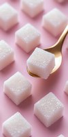 White sugar cubes scattered on pink background with golden spoon, sweet crystalline texture for culinary and food photography concepts.