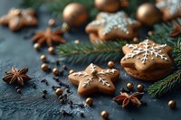 Festive gingerbread star cookies decorated with white icing snowflakes, surrounded by star anise, pine branches and golden baubles on dark background.