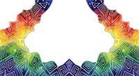Symmetrical rainbow gradient frame with geometric tribal patterns in vibrant neon colors transitioning from blue through purple, pink, orange, yellow, and green on white background.