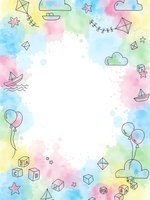 Watercolor frame with toys, kites, boats, balloons and stars on white background. Childish border for kids design, baby shower invitations and nursery decor.