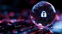 Glowing padlock icon inside crystal ball with digital matrix pattern on dark background with bokeh lights, representing cybersecurity and data protection concept.