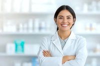 Asian female healthcare professional in white lab coat smiling confidently with arms crossed in medical office setting with blurred pharmacy shelves background.