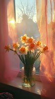 Fresh daffodils in glass jar on windowsill at sunset, soft pink curtains filtering golden light, creating dreamy spring atmosphere for home decor and lifestyle designs.