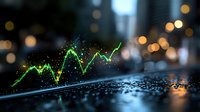Glowing green upward trending financial chart with particle effects on wet urban street at night, symbolizing stock market growth and business success in city environment.