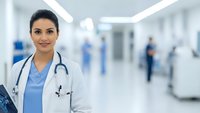 Professional female doctor with stethoscope smiling confidently in modern hospital corridor with medical staff in background for healthcare concepts.
