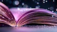 Open book pages with magical pink glow and sparkling bokeh lights creating dreamy atmosphere. Macro shot captures ethereal literary moment with soft focus effect.