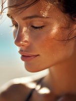 Close-up profile portrait of young woman with freckles and glowing tanned skin in warm sunlight, eyes closed with peaceful expression, natural summer beauty.