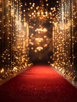 Luxurious red carpet pathway with glowing golden bokeh lights and sparkling curtains creating magical atmosphere for awards ceremony or celebrity event backdrop.