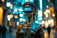 Bronze statue of blindfolded female figure against blurred urban nightscape with glowing bokeh lights and neon blue illumination creating mysterious atmosphere.