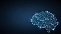 Digital brain with circuit board patterns on dark blue background for artificial intelligence and technology concepts.