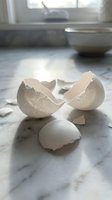 Broken eggshells scattered on marble kitchen counter with natural window light creating soft shadows for cooking and baking concepts.