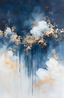 Abstract navy blue and gold art with white cloud-like formations, featuring dripping paint technique for elegant home decor or luxury interior design.