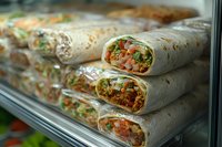 Stacked wraps filled with fresh vegetables and protein, displayed in a bakery case window. Ready-to-eat sandwiches for quick lunch or catering.