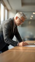 Senior male professional with gray hair and glasses wearing dark blazer signing documents at wooden desk in modern office environment with natural light.