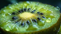Fresh juicy kiwi fruit slice with water droplets showing vibrant green flesh, black seeds, and yellow center in macro photography.