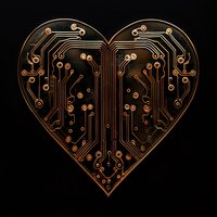 Circuit board pattern in heart shape with copper traces and connection points on black background, modern tech romance concept for Valentine designs.