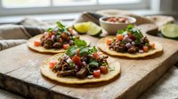 Gourmet tostadas topped with seasoned ground meat, fresh cilantro, diced tomatoes, and lime wedges arranged on wooden board for Mexican cuisine content.
