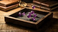 Polished amethyst crystals displayed in wooden tray with vintage compass and leather-bound books on rustic wooden surface for mineral collection and home decor.