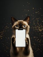 Siamese cat holding smartphone with blank screen against dark background with golden sparkles. Modern pet technology concept.