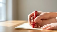 Close-up of woman's hands writing with red pen in notebook on wooden desk near window. Natural lighting creates warm atmosphere for journaling.