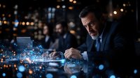 Mature Caucasian businessman using digital tablet with glowing blue technology visualization effect in dark office setting, focused on innovative solutions.