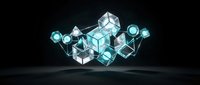 Futuristic blockchain network with glowing transparent cubes and connecting lines on dark background for technology and cryptocurrency concepts.