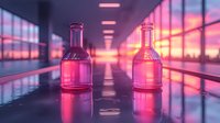Glass bottles with pink liquid in modern corridor reflecting vibrant sunset colors through large windows, creating atmospheric laboratory scene.